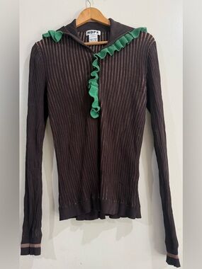 HOPEBrown Ribbed Cardigan with Green Ruffle Trim